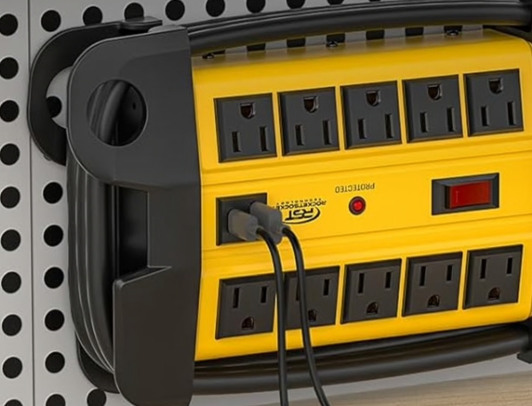 CRST surge protector with USB and USB-C charging cables plugged in