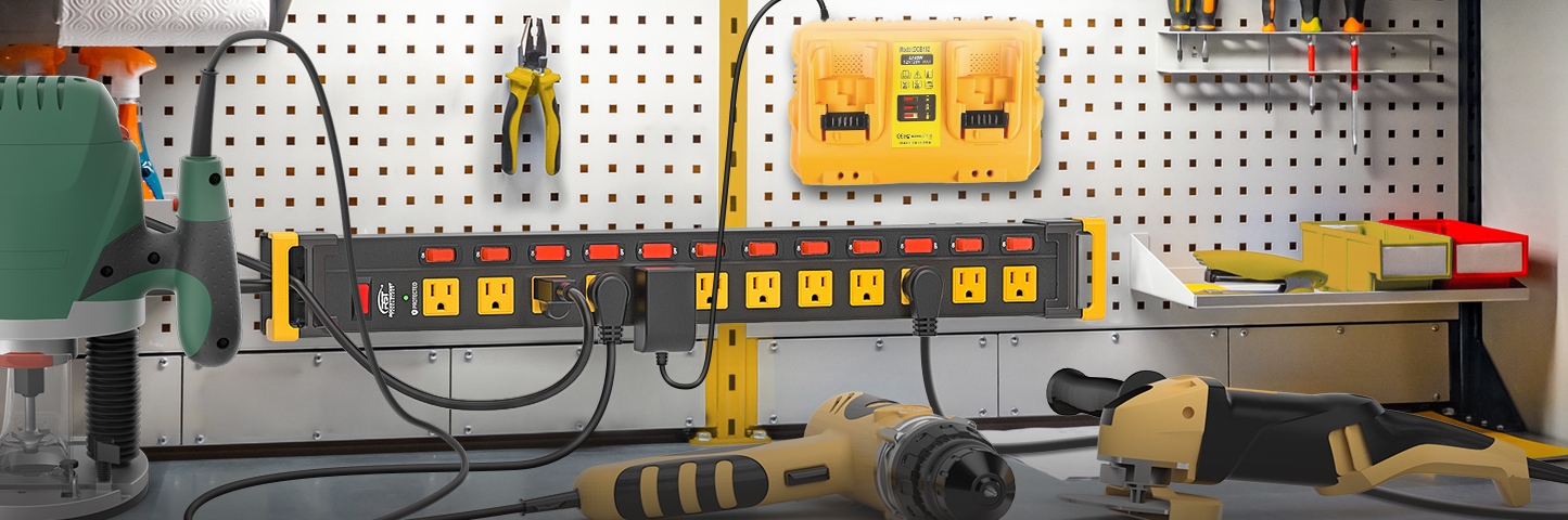 CRST power strip with individual lighted switches on a workshop pegboard
